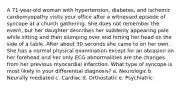 A 71-year-old woman with hypertension, diabetes, and ischemic cardiomyopathy visits your office after a witnessed episode of syncope at a church gathering. She does not remember the event, but her daughter describes her suddenly appearing pale while sitting and then slumping over and hitting her head on the side of a table. After about 30 seconds she came to on her own. She has a normal physical examination except for an abrasion on her forehead and her only ECG abnormalities are the changes from her previous myocardial infarction. What type of syncope is most likely in your differential diagnosis? a. Neurologic b. Neurally mediated c. Cardiac d. Orthostatic e. Psychiatric