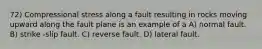 72) Compressional stress along a fault resulting in rocks moving upward along the fault plane is an example of a A) normal fault. B) strike -slip fault. C) reverse fault. D) lateral fault.