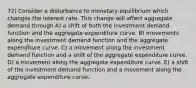 72) Consider a disturbance to monetary equilibrium which changes the interest rate. This change will affect aggregate demand through A) a shift of both the investment demand function and the aggregate expenditure curve. B) movements along the investment demand function and the aggregate expenditure curve. C) a movement along the investment demand function and a shift of the aggregate expenditure curve. D) a movement along the aggregate expenditure curve. E) a shift of the investment demand function and a movement along the aggregate expenditure curve.