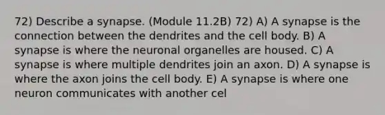 72) Describe a synapse. (Module 11.2B) 72) A) A synapse is the connection between the dendrites and the cell body. B) A synapse is where the neuronal organelles are housed. C) A synapse is where multiple dendrites join an axon. D) A synapse is where the axon joins the cell body. E) A synapse is where one neuron communicates with another cel