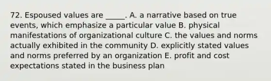 72. Espoused values are _____. A. a narrative based on true events, which emphasize a particular value B. physical manifestations of organizational culture C. the values and norms actually exhibited in the community D. explicitly stated values and norms preferred by an organization E. profit and cost expectations stated in the business plan