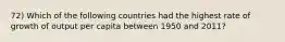 72) Which of the following countries had the highest rate of growth of output per capita between 1950 and 2011?