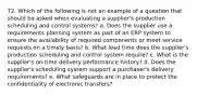 72. Which of the following is not an example of a question that should be asked when evaluating a supplier's production scheduling and control systems? a. Does the supplier use a requirements planning system as part of an ERP system to ensure the availability of required components or meet service requests on a timely basis? b. What lead time does the supplier's production scheduling and control system require? c. What is the supplier's on-time delivery performance history? d. Does the supplier's scheduling system support a purchaser's delivery requirements? e. What safeguards are in place to protect the confidentiality of electronic transfers?