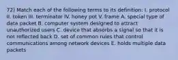 72) Match each of the following terms to its definition: I. protocol II. token III. terminator IV. honey pot V. frame A. special type of data packet B. computer system designed to attract unauthorized users C. device that absorbs a signal so that it is not reflected back D. set of common rules that control communications among network devices E. holds multiple data packets