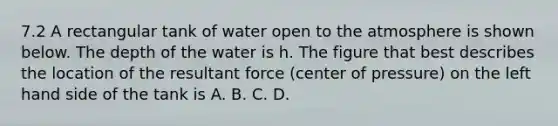 7.2 A rectangular tank of water open to the atmosphere is shown below. The depth of the water is h. The figure that best describes the location of the resultant force (center of pressure) on the left hand side of the tank is A. B. C. D.