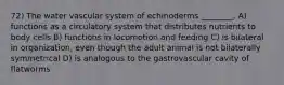 72) The water vascular system of echinoderms ________. A) functions as a circulatory system that distributes nutrients to body cells B) functions in locomotion and feeding C) is bilateral in organization, even though the adult animal is not bilaterally symmetrical D) is analogous to the gastrovascular cavity of flatworms