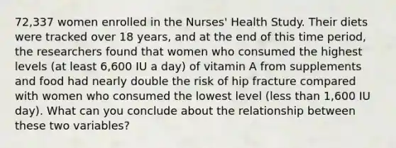 72,337 women enrolled in the Nurses' Health Study. Their diets were tracked over 18 years, and at the end of this time period, the researchers found that women who consumed the highest levels (at least 6,600 IU a day) of vitamin A from supplements and food had nearly double the risk of hip fracture compared with women who consumed the lowest level (less than 1,600 IU day). What can you conclude about the relationship between these two variables?