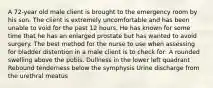 A 72-year old male client is brought to the emergency room by his son. The client is extremely uncomfortable and has been unable to void for the past 12 hours. He has known for some time that he has an enlarged prostate but has wanted to avoid surgery. The best method for the nurse to use when assessing for bladder distention in a male client is to check for: A rounded swelling above the pubis. Dullness in the lower left quadrant Rebound tenderness below the symphysis Urine discharge from the urethral meatus