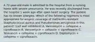 A 72-year-old male is admitted to the hospital from a nursing home with severe pneumonia. He was recently discharged from the hospital 1 week ago after open heart surgery. The patient has no known allergies. Which of the following regimens is most appropriate for empiric coverage of methicillin-resistant Staphylococcus aureus and Pseudomonas aeruginosa in this patient? (cell wall inhibitors) A. Vancomycin + cefepime + ciprofloxacin B. Vancomycin + cefazolin + ciprofloxacin C. Telavancin + cefepime + ciprofloxacin D. Daptomycin + cefepime + ciprofloxacin.