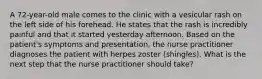 A 72-year-old male comes to the clinic with a vesicular rash on the left side of his forehead. He states that the rash is incredibly painful and that it started yesterday afternoon. Based on the patient's symptoms and presentation, the nurse practitioner diagnoses the patient with herpes zoster (shingles). What is the next step that the nurse practitioner should take?