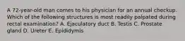 A 72-year-old man comes to his physician for an annual checkup. Which of the following structures is most readily palpated during rectal examination? A. Ejaculatory duct B. Testis C. Prostate gland D. Ureter E. Epididymis