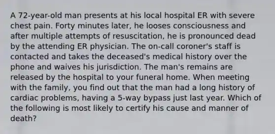 A 72-year-old man presents at his local hospital ER with severe chest pain. Forty minutes later, he looses consciousness and after multiple attempts of resuscitation, he is pronounced dead by the attending ER physician. The on-call coroner's staff is contacted and takes the deceased's medical history over the phone and waives his jurisdiction. The man's remains are released by the hospital to your funeral home. When meeting with the family, you find out that the man had a long history of cardiac problems, having a 5-way bypass just last year. Which of the following is most likely to certify his cause and manner of death?