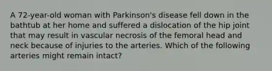 A 72-year-old woman with Parkinson's disease fell down in the bathtub at her home and suffered a dislocation of the hip joint that may result in vascular necrosis of the femoral head and neck because of injuries to the arteries. Which of the following arteries might remain intact?