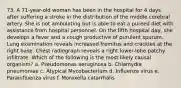 73. A 71-year-old woman has been in the hospital for 4 days after suffering a stroke in the distribution of the middle cerebral artery. She is not ambulating but is able to eat a pureed diet with assistance from hospital personnel. On the fifth hospital day, she develops a fever and a cough productive of purulent sputum. Lung examination reveals increased fremitus and crackles at the right base. Chest radiograph reveals a right lower-lobe patchy infiltrate. Which of the following is the most likely causal organism? a. Pseudomonas aeruginosa b. Chlamydia pneumoniae c. Atypical Mycobacterium d. Influenza virus e. Parainfluenza virus f. Moraxella catarrhalis