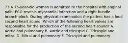 73 A 75-year-old woman is admitted to the hospital with anginal pain. ECG reveals myocardial infarction and a right bundle branch block. During physical examination the patient has a loud second heart sound. Which of the following heart valves are responsible for the production of the second heart sound? A. Aortic and pulmonary B. Aortic and tricuspid C. Tricuspid and mitral D. Mitral and pulmonary E. Tricuspid and pulmonary