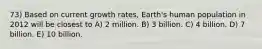 73) Based on current growth rates, Earth's human population in 2012 will be closest to A) 2 million. B) 3 billion. C) 4 billion. D) 7 billion. E) 10 billion.