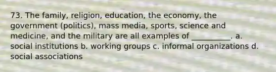 73. ​The family, religion, education, the economy, the government (politics), mass media, sports, science and medicine, and the military are all examples of __________. a. ​social institutions b. ​working groups c. ​informal organizations d. ​social associations