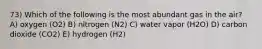 73) Which of the following is the most abundant gas in the air? A) oxygen (O2) B) nitrogen (N2) C) water vapor (H2O) D) carbon dioxide (CO2) E) hydrogen (H2)