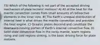 73) Which of the following is not part of the accepted driving mechanism of plate tectonic motions? A) All of the heat for the mantle convection comes from small amounts of radioactive elements in the inner core. B) The Earth's unequal distribution of internal heat is what drives the mantle convection and provides the heat engine. C) Oceanic plates descend and constitute the downward-moving portion of Earth's internal convective flow. D) Solid state convective flow in the rocky mantle, warm regions rising and cold regions sinking, is the basic driving force for plate motions.