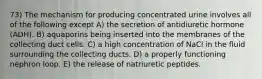 73) The mechanism for producing concentrated urine involves all of the following except A) the secretion of antidiuretic hormone (ADH). B) aquaporins being inserted into the membranes of the collecting duct cells. C) a high concentration of NaCl in the fluid surrounding the collecting ducts. D) a properly functioning nephron loop. E) the release of natriuretic peptides.