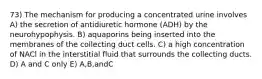 73) The mechanism for producing a concentrated urine involves A) the secretion of antidiuretic hormone (ADH) by the neurohypophysis. B) aquaporins being inserted into the membranes of the collecting duct cells. C) a high concentration of NACl in the interstitial fluid that surrounds the collecting ducts. D) A and C only E) A,B,andC