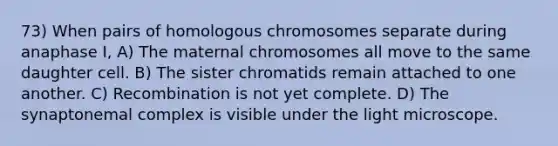 73) When pairs of homologous chromosomes separate during anaphase I, A) The maternal chromosomes all move to the same daughter cell. B) The sister chromatids remain attached to one another. C) Recombination is not yet complete. D) The synaptonemal complex is visible under the light microscope.