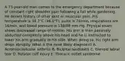 A 73-year-old man comes to the emergency department because of constant right shoulder pain following a fall while gardening. He denies history of other joint or muscular pain. His temperature is 36.7°C (98.0°F), pulse is 74/min, respirations are 16/min, and blood pressure is 138/88 mm Hg. Physical exam shows decreased range of motion. His arm is then passively abducted completely above his head and he is instructed to lower his arm gradually to his side. When doing so, his right arm drops abruptly. What is the most likely diagnosis? A. Acromioclavicular arthritis B. Bicipital tendonitis C. Glenoid labral tear D. Rotator cuff injury E. Thoracic outlet syndrome