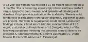 A 73-year-old woman has noticed a 10-kg weight loss in the past 3 months. She is becoming increasingly icteric and has constant vague epigastric pain, nausea, and episodes of bloating and diarrhea. On physical examination she is afebrile. There is mild tenderness to palpation in the upper abdomen, but bowel sounds are present. Her stool is negative for occult blood. Laboratory findings include a total serum bilirubin concentration of 11.6 mg/dL and a direct bilirubin level of 10.5 mg/dL. Which of the following conditions involving the pancreas is most likely to be present? A. Adenocarcinoma B. Chronic pancreatitis C. Cystic fibrosis D. Islet cell adenoma E. Pseudocyst