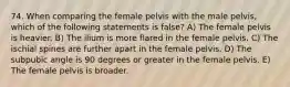 74. When comparing the female pelvis with the male pelvis, which of the following statements is false? A) The female pelvis is heavier. B) The ilium is more flared in the female pelvis. C) The ischial spines are further apart in the female pelvis. D) The subpubic angle is 90 degrees or greater in the female pelvis. E) The female pelvis is broader.