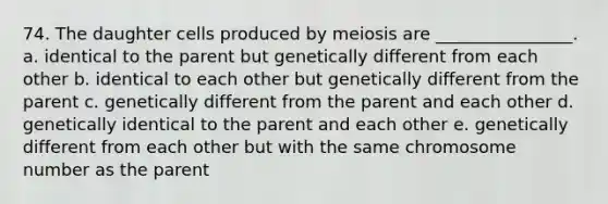 74. The daughter cells produced by meiosis are ________________. ​a. identical to the parent but genetically different from each other ​b. identical to each other but genetically different from the parent ​c. genetically different from the parent and each other ​d. genetically identical to the parent and each other ​e. genetically different from each other but with the same chromosome number as the parent