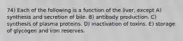 74) Each of the following is a function of the liver, except A) synthesis and secretion of bile. B) antibody production. C) synthesis of plasma proteins. D) inactivation of toxins. E) storage of glycogen and iron reserves.