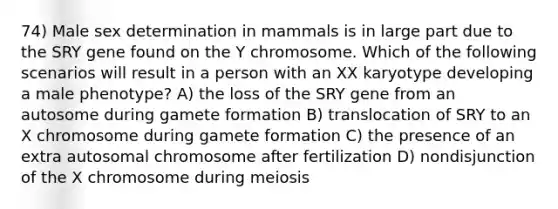 74) Male sex determination in mammals is in large part due to the SRY gene found on the Y chromosome. Which of the following scenarios will result in a person with an XX karyotype developing a male phenotype? A) the loss of the SRY gene from an autosome during gamete formation B) translocation of SRY to an X chromosome during gamete formation C) the presence of an extra autosomal chromosome after fertilization D) nondisjunction of the X chromosome during meiosis