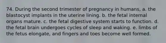 74. During the second trimester of pregnancy in humans, a. the blastocyst implants in the uterine lining. b. the fetal internal organs mature. c. the fetal digestive system starts to function. d. the fetal brain undergoes cycles of sleep and waking. e. limbs of the fetus elongate, and fingers and toes become well formed.