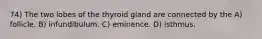 74) The two lobes of the thyroid gland are connected by the A) follicle. B) infundibulum. C) eminence. D) isthmus.