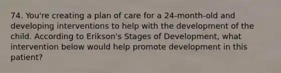 74. You're creating a plan of care for a 24-month-old and developing interventions to help with the development of the child. According to Erikson's Stages of Development, what intervention below would help promote development in this patient?