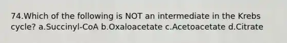 74.Which of the following is NOT an intermediate in the Krebs cycle? a.Succinyl-CoA b.Oxaloacetate c.Acetoacetate d.Citrate