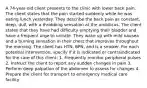 A 74-year-old client presents to the clinic with lower back pain. The client states that the pain started suddenly while he was eating lunch yesterday. They describe the back pain as constant, deep, dull, with a throbbing sensation at the umbilicus. The client states that they have had difficulty emptying their bladder and have a frequent urge to urinate. They wake up with mild nausea and a burning sensation in their chest that improves throughout the morning. The client has HTN, BPN, and is a smoker. For each potential intervention, specify if it is indicated or contraindicated for the care of this client: 1. Frequently monitor peripheral pulses 2. Instruct the client to report any sudden changes in pain 3. Perform deep palpation of the abdomen to assess for changes 4. Prepare the client for transport to emergency medical care facility