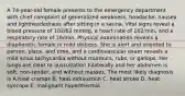 A 74-year-old female presents to the emergency department with chief complaint of generalized weakness, headache, nausea and lightheadedness after sitting in a sauna. Vital signs reveal a blood pressure of 102/62 mmHg, a heart rate of 102/min, and a respiratory rate of 16/min. Physical examination reveals a diaphoretic female in mild distress. She is alert and oriented to person, place, and time, and a cardiovascular exam reveals a mild sinus tachycardia without murmurs, rubs, or gallops. Her lungs are clear to auscultation bilaterally and her abdomen is soft, non-tender, and without masses. The most likely diagnosis is A.heat cramps B. heat exhaustion C. heat stroke D. heat syncope E. malignant hyperthermia