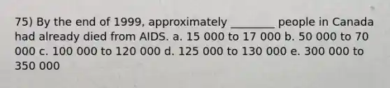 75) By the end of 1999, approximately ________ people in Canada had already died from AIDS. a. 15 000 to 17 000 b. 50 000 to 70 000 c. 100 000 to 120 000 d. 125 000 to 130 000 e. 300 000 to 350 000