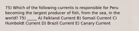 75) Which of the following currents is responsible for Peru becoming the largest producer of fish, from the sea, in the world? 75) _____ A) Falkland Current B) Somali Current C) Humboldt Current D) Brazil Current E) Canary Current