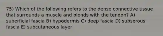 75) Which of the following refers to the dense <a href='https://www.questionai.com/knowledge/kYDr0DHyc8-connective-tissue' class='anchor-knowledge'>connective tissue</a> that surrounds a muscle and blends with the tendon? A) superficial fascia B) hypodermis C) deep fascia D) subserous fascia E) subcutaneous layer