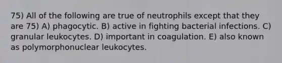 75) All of the following are true of neutrophils except that they are 75) A) phagocytic. B) active in fighting bacterial infections. C) granular leukocytes. D) important in coagulation. E) also known as polymorphonuclear leukocytes.