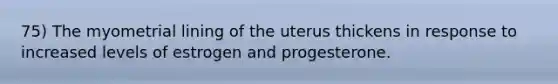 75) The myometrial lining of the uterus thickens in response to increased levels of estrogen and progesterone.