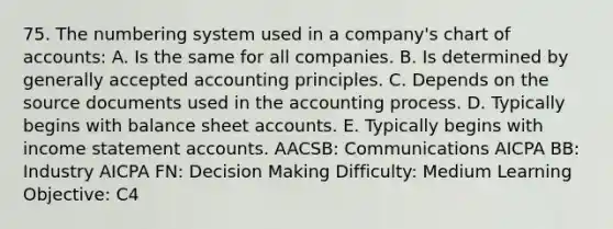 75. The numbering system used in a company's chart of accounts: A. Is the same for all companies. B. Is determined by generally accepted accounting principles. C. Depends on the source documents used in the accounting process. D. Typically begins with balance sheet accounts. E. Typically begins with income statement accounts. AACSB: Communications AICPA BB: Industry AICPA FN: Decision Making Difficulty: Medium Learning Objective: C4