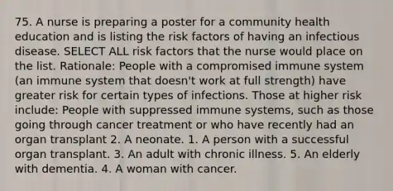 75. A nurse is preparing a poster for a community health education and is listing the risk factors of having an infectious disease. SELECT ALL risk factors that the nurse would place on the list. Rationale: People with a compromised immune system (an immune system that doesn't work at full strength) have greater risk for certain types of infections. Those at higher risk include: People with suppressed immune systems, such as those going through cancer treatment or who have recently had an organ transplant 2. A neonate. 1. A person with a successful organ transplant. 3. An adult with chronic illness. 5. An elderly with dementia. 4. A woman with cancer.