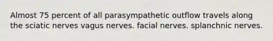 Almost 75 percent of all parasympathetic outflow travels along the sciatic nerves vagus nerves. facial nerves. splanchnic nerves.