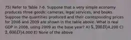 75) Refer to Table 7-6. Suppose that a very simple economy produces three goods: cameras, legal services, and books. Suppose the quantities produced and their corresponding prices for 2008 and 2009 are shown in the table above. What is real GDP in 2008, using 2009 as the base year? A) 5,200 B)4,200 C) 2,600 D)4,000 E) None of the above