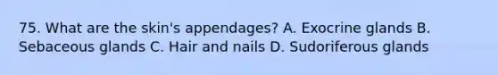 75. What are the skin's appendages? A. Exocrine glands B. Sebaceous glands C. Hair and nails D. Sudoriferous glands