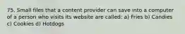 75. Small files that a content provider can save into a computer of a person who visits its website are called: a) Fries b) Candies c) Cookies d) Hotdogs