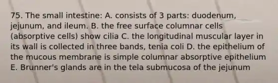 75. The small intestine: A. consists of 3 parts: duodenum, jejunum, and ileum. B. the free surface columnar cells (absorptive cells) show cilia C. the longitudinal muscular layer in its wall is collected in three bands, tenia coli D. the epithelium of the mucous membrane is simple columnar absorptive epithelium E. Brunner's glands are in the tela submucosa of the jejunum